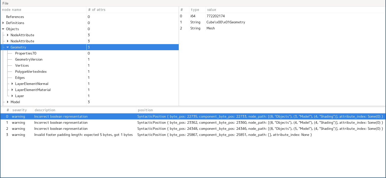 fbx-tree-view によって、 FBX の木構造、ノード属性、警告やエラーなどを閲覧できる。